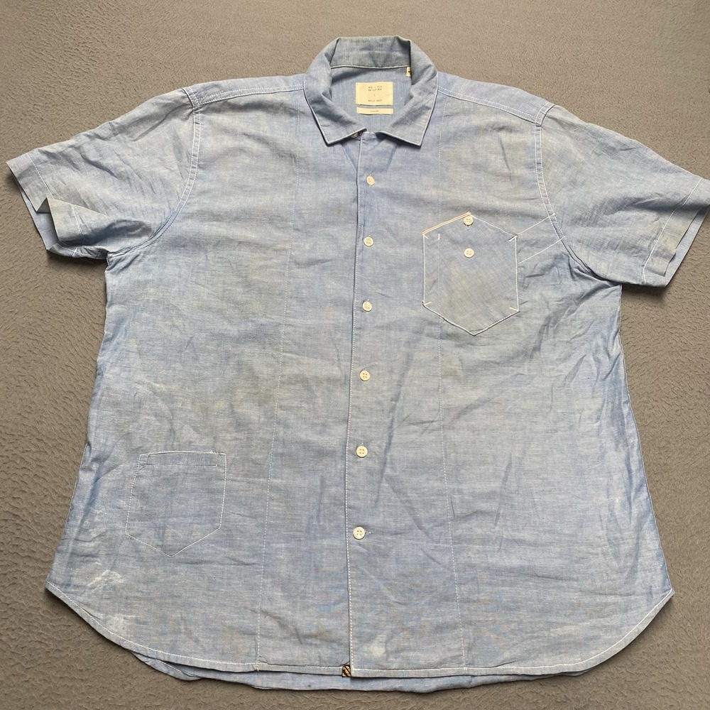 Billy Reid Shirt Mens L Blue Chambray Short Sleeve Button Up Contrasting Trim